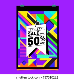 Holiday Sale Memphis Style Poster Design. Fashion and Travel Discount Poster. Vector holiday Abstract Colorful Illustration with Special offer and Promotion.