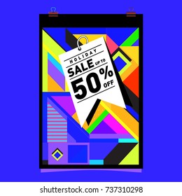 Holiday Sale Memphis Style Poster Design. Fashion and Travel Discount Poster. Vector holiday Abstract Colorful Illustration with Special offer and Promotion.
