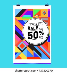 Holiday Sale Memphis Style Poster Design. Fashion and Travel Discount Poster. Vector holiday Abstract Colorful Illustration with Special offer and Promotion.