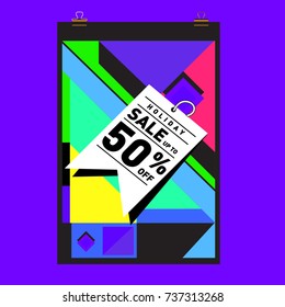 Holiday Sale Memphis Style Poster Design. Fashion and Travel Discount Poster. Vector holiday Abstract Colorful Illustration with Special offer and Promotion.