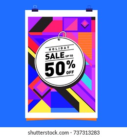 Holiday Sale Memphis Style Poster Design. Fashion and Travel Discount Poster. Vector holiday Abstract Colorful Illustration with Special offer and Promotion.