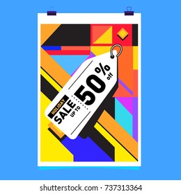 Holiday Sale Memphis Style Poster Design. Fashion and Travel Discount Poster. Vector holiday Abstract Colorful Illustration with Special offer and Promotion.