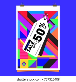 Holiday Sale Memphis Style Poster Design. Fashion and Travel Discount Poster. Vector holiday Abstract Colorful Illustration with Special offer and Promotion.