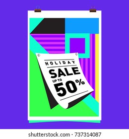 Holiday Sale Memphis Style Poster Design. Fashion and Travel Discount Poster. Vector holiday Abstract Colorful Illustration with Special offer and Promotion.