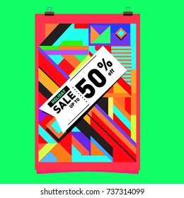 Holiday Sale Memphis Style Poster Design. Fashion and Travel Discount Poster. Vector holiday Abstract Colorful Illustration with Special offer and Promotion.
