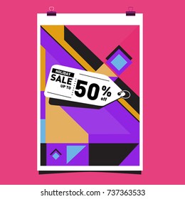 Holiday Sale Memphis Style Poster Design. Fashion and Travel Discount Poster. Vector holiday Abstract Colorful Illustration with Special offer and Promotion.