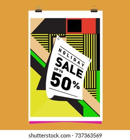 Holiday Sale Memphis Style Poster Design. Fashion and Travel Discount Poster. Vector holiday Abstract Colorful Illustration with Special offer and Promotion.