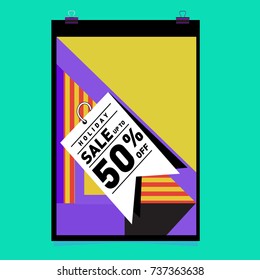 Holiday Sale Memphis Style Poster Design. Fashion and Travel Discount Poster. Vector holiday Abstract Colorful Illustration with Special offer and Promotion.