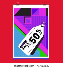 Holiday Sale Memphis Style Poster Design. Fashion and Travel Discount Poster. Vector holiday Abstract Colorful Illustration with Special offer and Promotion.