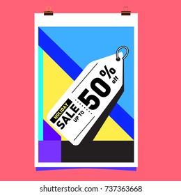 Holiday Sale Memphis Style Poster Design. Fashion and Travel Discount Poster. Vector holiday Abstract Colorful Illustration with Special offer and Promotion.