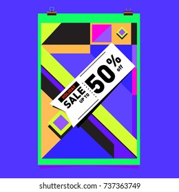 Holiday Sale Memphis Style Poster Design. Fashion and Travel Discount Poster. Vector holiday Abstract Colorful Illustration with Special offer and Promotion.