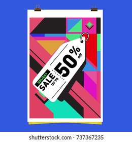 Holiday Sale Memphis Style Poster Design. Fashion and Travel Discount Poster. Vector holiday Abstract Colorful Illustration with Special offer and Promotion.
