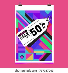 Holiday Sale Memphis Style Poster Design. Fashion and Travel Discount Poster. Vector holiday Abstract Colorful Illustration with Special offer and Promotion.