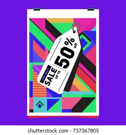 Holiday Sale Memphis Style Poster Design. Fashion and Travel Discount Poster. Vector holiday Abstract Colorful Illustration with Special offer and Promotion.