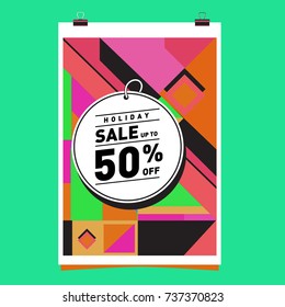Holiday Sale Memphis Style Poster Design. Fashion and Travel Discount Poster. Vector holiday Abstract Colorful Illustration with Special offer and Promotion.