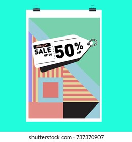 Holiday Sale Memphis Style Poster Design. Fashion and Travel Discount Poster. Vector holiday Abstract Colorful Illustration with Special offer and Promotion.