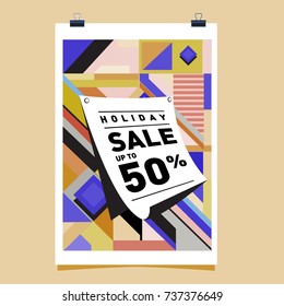 Holiday Sale Memphis Style Poster Design. Fashion and Travel Discount Poster. Vector holiday Abstract Colorful Illustration with Special offer and Promotion.