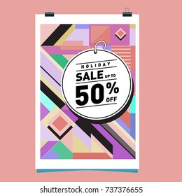 Holiday Sale Memphis Style Poster Design. Fashion and Travel Discount Poster. Vector holiday Abstract Colorful Illustration with Special offer and Promotion.