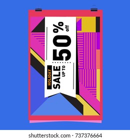 Holiday Sale Memphis Style Poster Design. Fashion and Travel Discount Poster. Vector holiday Abstract Colorful Illustration with Special offer and Promotion.