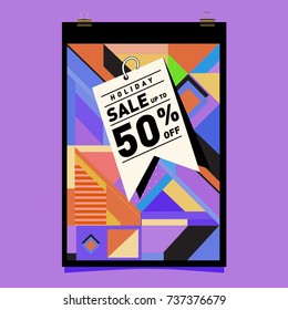 Holiday Sale Memphis Style Poster Design. Fashion and Travel Discount Poster. Vector holiday Abstract Colorful Illustration with Special offer and Promotion.