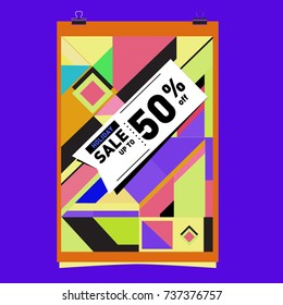 Holiday Sale Memphis Style Poster Design. Fashion and Travel Discount Poster. Vector holiday Abstract Colorful Illustration with Special offer and Promotion.