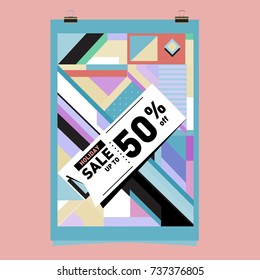 Holiday Sale Memphis Style Poster Design. Fashion and Travel Discount Poster. Vector holiday Abstract Colorful Illustration with Special offer and Promotion.