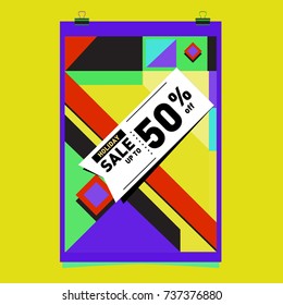 Holiday Sale Memphis Style Poster Design. Fashion and Travel Discount Poster. Vector holiday Abstract Colorful Illustration with Special offer and Promotion.