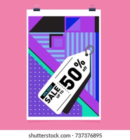 Holiday Sale Memphis Style Poster Design. Fashion and Travel Discount Poster. Vector holiday Abstract Colorful Illustration with Special offer and Promotion.