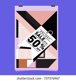 Holiday Sale Memphis Style Poster Design. Fashion and Travel Discount Poster. Vector holiday Abstract Colorful Illustration with Special offer and Promotion.