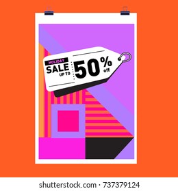Holiday Sale Memphis Style Poster Design. Fashion and Travel Discount Poster. Vector holiday Abstract Colorful Illustration with Special offer and Promotion.