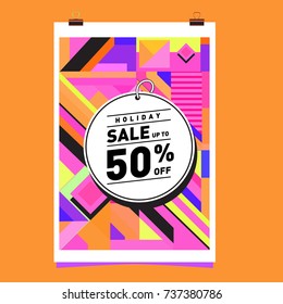 Holiday Sale Memphis Style Poster Design. Fashion and Travel Discount Poster. Vector holiday Abstract Colorful Illustration with Special offer and Promotion.