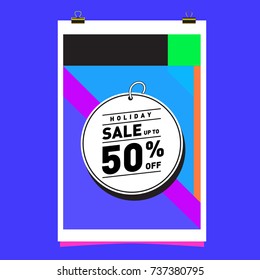 Holiday Sale Memphis Style Poster Design. Fashion and Travel Discount Poster. Vector holiday Abstract Colorful Illustration with Special offer and Promotion.