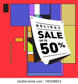 Holiday Sale Memphis Style Poster Design. Fashion and Travel Discount Poster. Vector holiday Abstract Colorful Illustration with Special offer and Promotion.