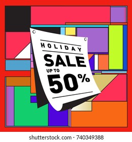 Holiday Sale Memphis Style Poster Design. Fashion and Travel Discount Poster. Vector holiday Abstract Colorful Illustration with Special offer and Promotion.