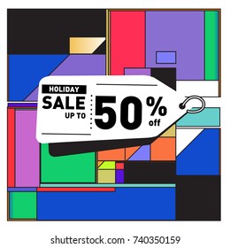 Holiday Sale Memphis Style Poster Design. Fashion and Travel Discount Poster. Vector holiday Abstract Colorful Illustration with Special offer and Promotion.
