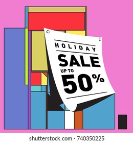 Holiday Sale Memphis Style Poster Design. Fashion and Travel Discount Poster. Vector holiday Abstract Colorful Illustration with Special offer and Promotion.