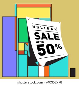 Holiday Sale Memphis Style Poster Design. Fashion and Travel Discount Poster. Vector holiday Abstract Colorful Illustration with Special offer and Promotion.