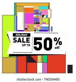 Holiday Sale Memphis Style Poster Design. Fashion and Travel Discount Poster. Vector holiday Abstract Colorful Illustration with Special offer and Promotion.