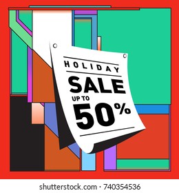 Holiday Sale Memphis Style Poster Design. Fashion and Travel Discount Poster. Vector holiday Abstract Colorful Illustration with Special offer and Promotion.