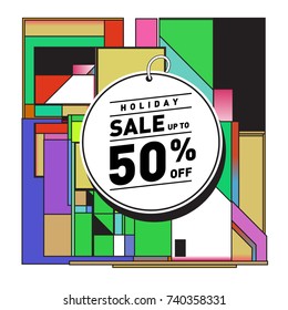 Holiday Sale Memphis Style Poster Design. Fashion and Travel Discount Poster. Vector holiday Abstract Colorful Illustration with Special offer and Promotion.