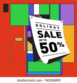 Holiday Sale Memphis Style Poster Design. Fashion and Travel Discount Poster. Vector holiday Abstract Colorful Illustration with Special offer and Promotion.