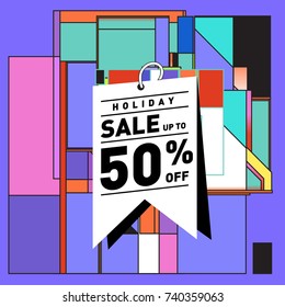 Holiday Sale Memphis Style Poster Design. Fashion and Travel Discount Poster. Vector holiday Abstract Colorful Illustration with Special offer and Promotion.