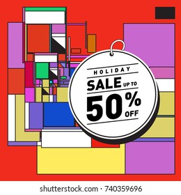 Holiday Sale Memphis Style Poster Design. Fashion and Travel Discount Poster. Vector holiday Abstract Colorful Illustration with Special offer and Promotion.