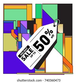 Holiday Sale Memphis Style Poster Design. Fashion and Travel Discount Poster. Vector holiday Abstract Colorful Illustration with Special offer and Promotion.