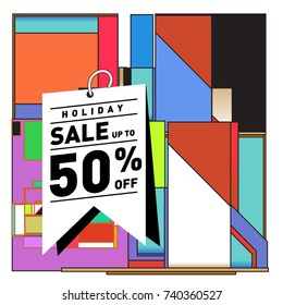 Holiday Sale Memphis Style Poster Design. Fashion and Travel Discount Poster. Vector holiday Abstract Colorful Illustration with Special offer and Promotion.
