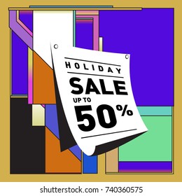 Holiday Sale Memphis Style Poster Design. Fashion and Travel Discount Poster. Vector holiday Abstract Colorful Illustration with Special offer and Promotion.