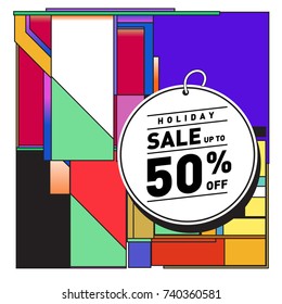 Holiday Sale Memphis Style Poster Design. Fashion and Travel Discount Poster. Vector holiday Abstract Colorful Illustration with Special offer and Promotion.