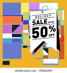 Holiday Sale Memphis Style Poster Design. Fashion and Travel Discount Poster. Vector holiday Abstract Colorful Illustration with Special offer and Promotion.