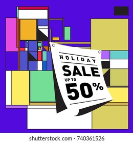 Holiday Sale Memphis Style Poster Design. Fashion and Travel Discount Poster. Vector holiday Abstract Colorful Illustration with Special offer and Promotion.