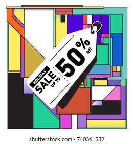 Holiday Sale Memphis Style Poster Design. Fashion and Travel Discount Poster. Vector holiday Abstract Colorful Illustration with Special offer and Promotion.